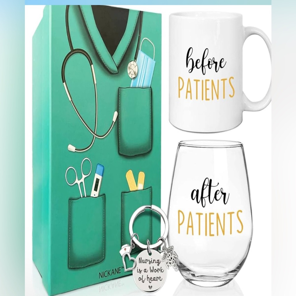 NURSE DOCTOR Coffee Mug 11oz & Wine Glass 15oz Set B4 Patients After Patients